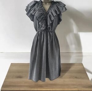 Motel Rocks Black & White Gingham Ruffle Dress with Pink Flower Size M Cotton